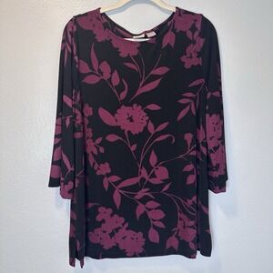 Chicos Travelers Size-2 Womens Blouse Slinky Black Purple Tunic Fairy Boho